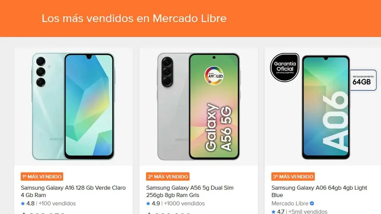 Los tres Samsung más vendidos en Mercado Libre Argentina y sus diferencias técnicas